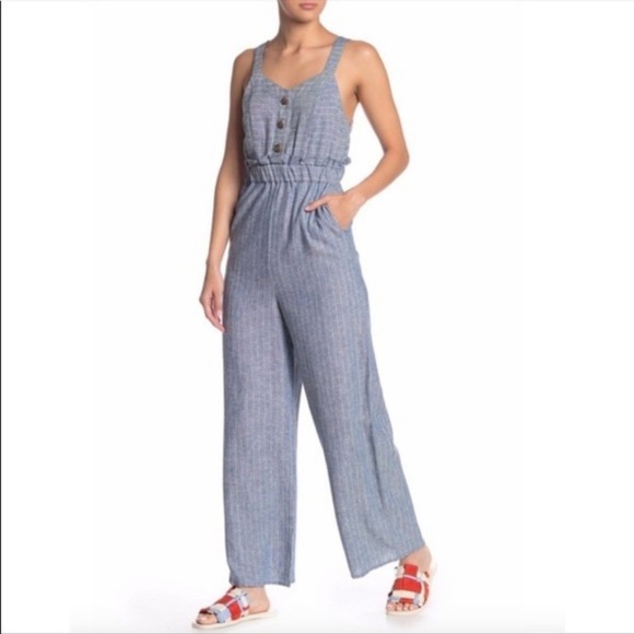 Romeo + Juliette Couture Linen Blend Jumpsuit Size Small Blue/Ivory NWT - Picture 2 of 13